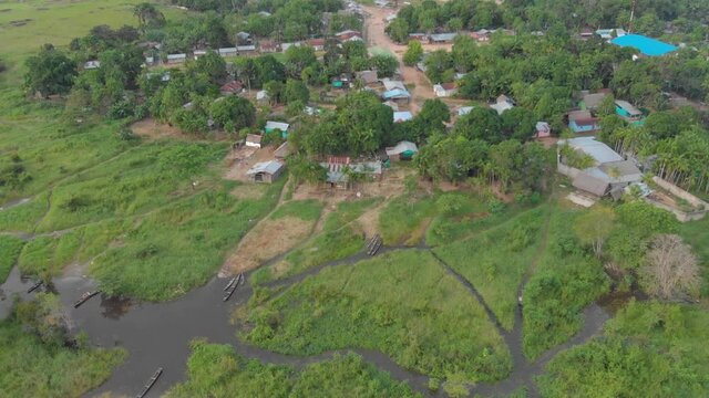Aerial View of a Rural Village In The Amazon Jungle, 4k