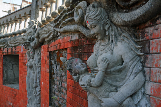 Pokhra city,Nepal/27 December 2015 : Many temple and sculpture are in Nepal. some statue are most popular.the statue of the baby feeding in the picture