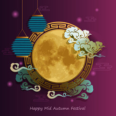 Mid Autumn Festival of Asian style for greeting card. Light lantern, full moon, mooncake and clould white, blue golden color concept on purple background for template, banner, card, postcard.