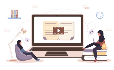 Online education. Flat design concept of training and video tutorials. Student learning at home. Vector illustration for website banner, marketing material, presentation template, online advertising.