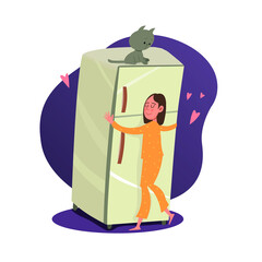 girl in pajamas hugs the refrigerator vector illustration
