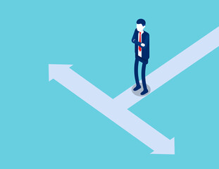 Fototapeta premium A man is standing on a road divided into two opposite direction. Isometric business vector style