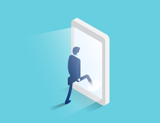 Businessman enters a glowing smartphone screen. Digital portal and access. Isometric business vector design