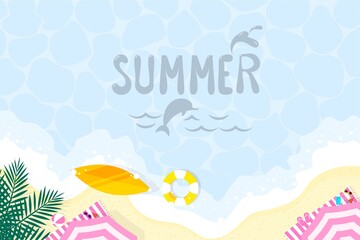 Fototapeta na wymiar Summer beautiful beach design umbrella,surfboard, ring floating.Vector illustration.