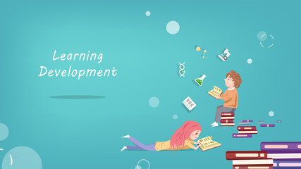 Education, learning skill and development, children reading book, cute cartoon vector, thinking idea creativity, flat design background web page illustration
