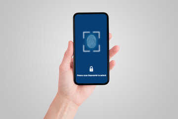 Technology, Internet, Digital and Networking Security Concept : Hand holding and showing fingerprint scan system on smartphone.