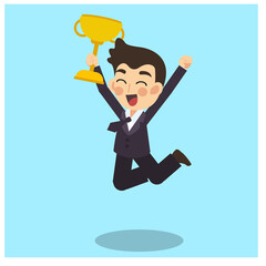 Businessman is happy and jumping with golden winning trophy in the hand. Business concept cartoon character vector.