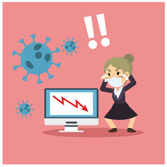 Stressed businessman looking at a bad results chart. Business fail. Graph down due to covid-19 outbraek sittuation vector flat illustration.