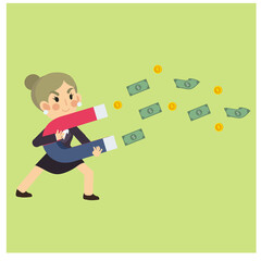 Happy businesswoman/Office worker collecting money with Magnet. Business concept cartoon character vector.