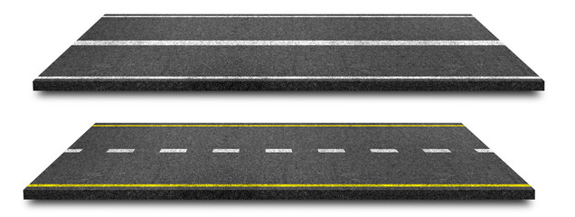 Side view of Asphalt straight street road way of lanes with lines isolated on white background. (Clipping path)