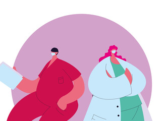 couple of doctors with masks and medical uniforms