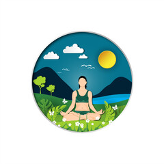 21 june-international yoga day,paper cut yoga body posture, human silhouette and sun rays, vector illustration - Vector