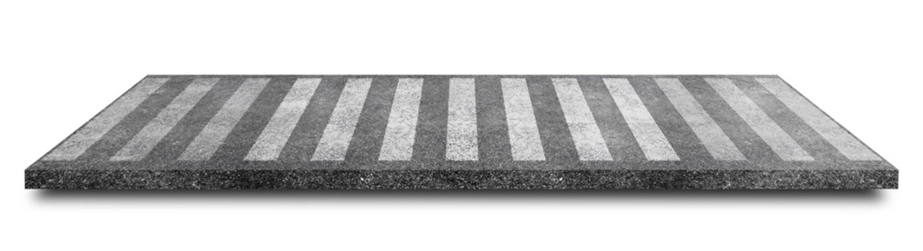 Side view of White pedestrian crosswalk or Zebra crossing on asphalt road isolated on white background. (Clipping path)