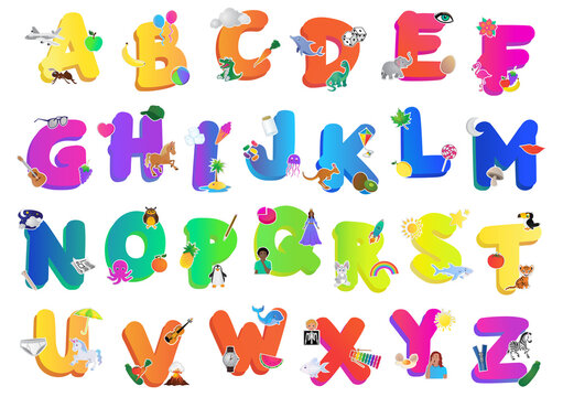 Colorful alphabet letters with objects for kids	
