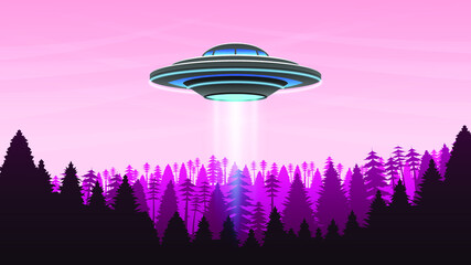 Light Sky Forest Background Vector Silhouette With Ufo © Дмитрий