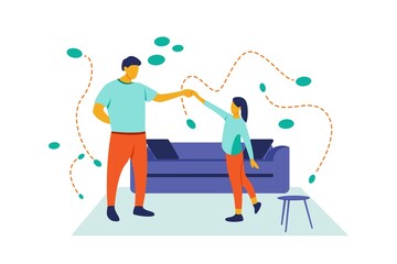 Illustration of father and daughter dancing together in front of a sofa. Flat style cartoon character with orange and green colors. The concept of activities carried out at home during free time