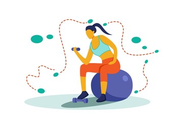 Illustration of a woman sitting holding a small dumbbell in her right hand. Flat style cartoon character with orange and green colors. The concept of activities carried out at home during free time