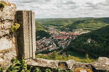 View of Bad Urach in Germany from the old castle ruin Hohenurach.