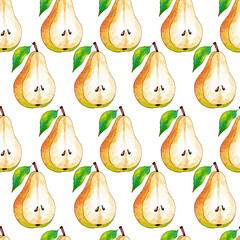 Seamless pattern with watercolor illustration Half pear with a leaf on white background