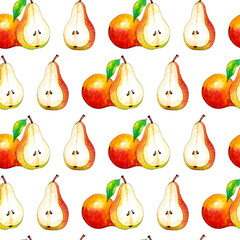 Seamless pattern with watercolor illustration Pear and half with a leaf on white background
