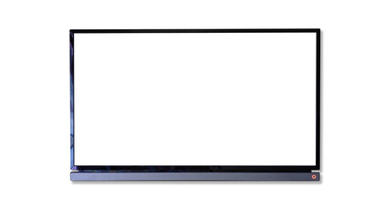 TV ( Television ) screen for advertising product or television programs. isolated on white background. Hanging TV with white blank screen and with shadow on the wall. 