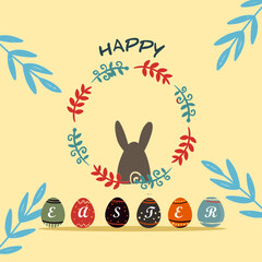 Happy Easter festival |Rabbit and eggs colorful with text and leaf design. Vector for greeting card, benner, template, postcard, poster, media.