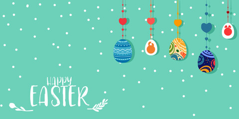 Happy Easter festival greeting card eggs with heart chain colorful,rabbits and text on soft blue background. Vector for benner, template, postcard, poster, media.