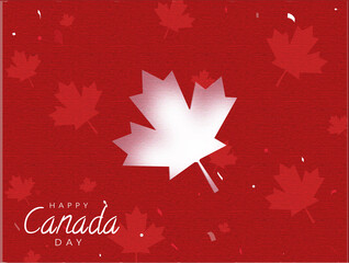 Happy Canada Day Font with Maple Leaves on Red Foil Texture Background.