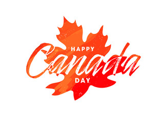 Creative Happy Canada Day Font with Brush Stroke Effect on Maple Leaf Background.