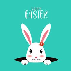 Happpy Easter day greeting card with easter rabbit and text design on aqua menthe color background. For banner, template, card, label, tag on sale.