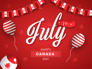 Paper Cut 1st July Font with Flying Balloons and Canadian Bunting Flags Decorated on Red Maple Leaves Background for Happy Canada Day.
