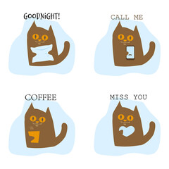 Set of vector illustrations. Cat with various gestures, symbols, emotions, inscriptions. Goodnight! Call me. Coffee. Miss you.