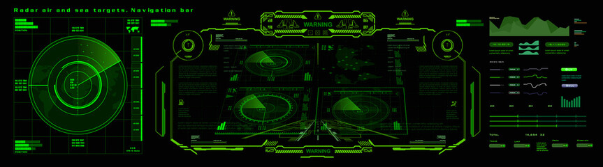 Radar air and sea targets. Navigation bar for finding and destroying military targets. Futuristic radar screen. Search for goal. View terrain from the satellite. Radar Interface with HUD Elements