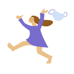 Cheerful girl in a blue dress runs, jumps, raising arms. She took off, threw a medical mask. Vector illustration Isolated on a white background.