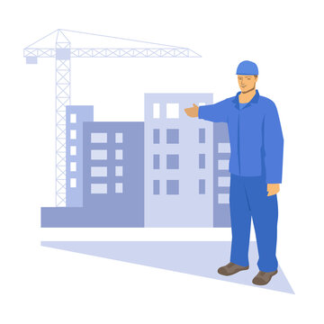 Builder in a blue uniform and helmet, points with his hand to the construction site. Vector illustration. Cartoon style. Concept.