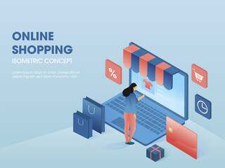 Isometric Illustration of Young Woman Doing Online Shopping in Laptop with Percentage Symbol, Trolley, Timer, Payment Card, Carry Bags and Parcel on Blue Background.