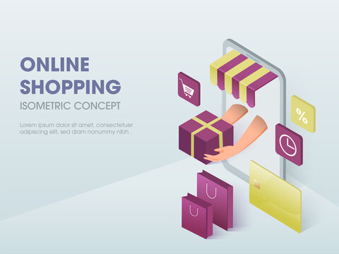 Online Shopping or Fast Delivery Concept Based Isometric Design, Hand holding Parcel in Smartphone with Carry Bags, Timer, Percentage Symbol and Payment Card.