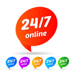 24 7, 24 hour 7 day Online available support emergency services icon, badge, label or sticker for customer service. Support or CRM Colorful set of icons Concept Isolated on White Background.