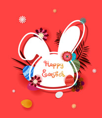 Happy Easter day greeting card with bunny rabbit, easter eggs, flower on pink background. For banner, template, card, label, tag on sale.