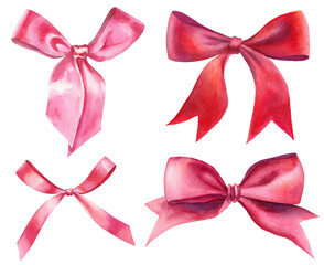 watercolor red and pink silk ribbon bows set isolated on white. hand-drawn knots as event decorative design elements.