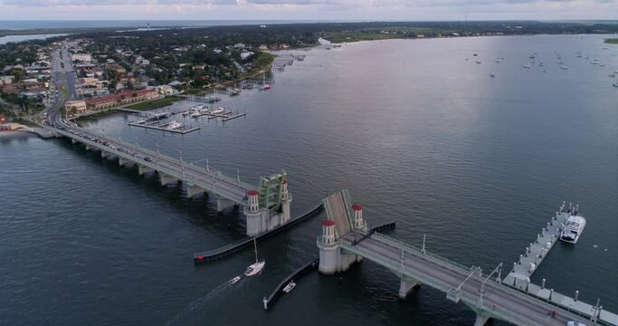 Draw Bridge Opening, Bridge of Lions, St. Augustine, FL, Aerial Drone Shot