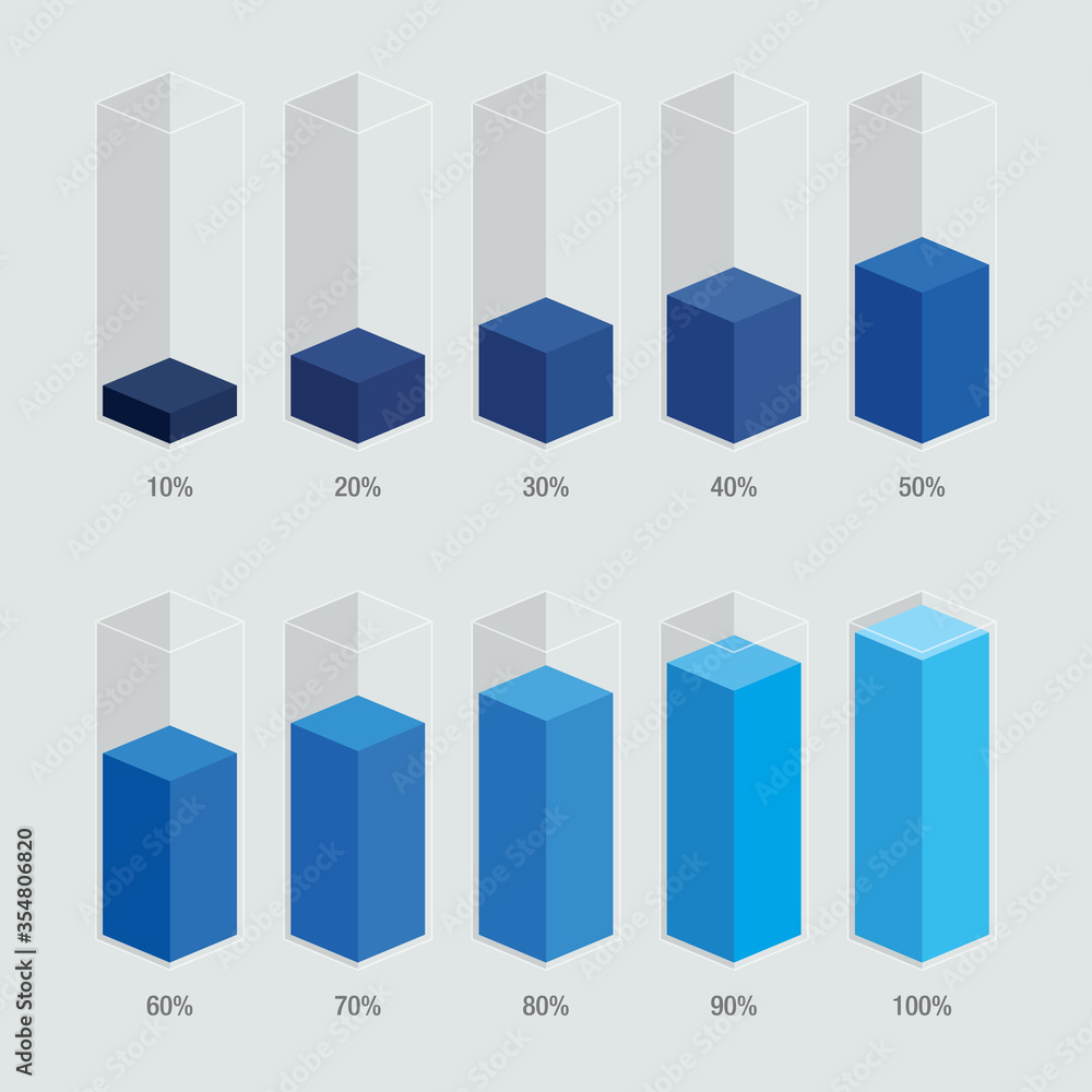 Poster blue liquid histogram glass bars display. 10% 20% 40% 60% 80% 100% numbers text. flat design illustr