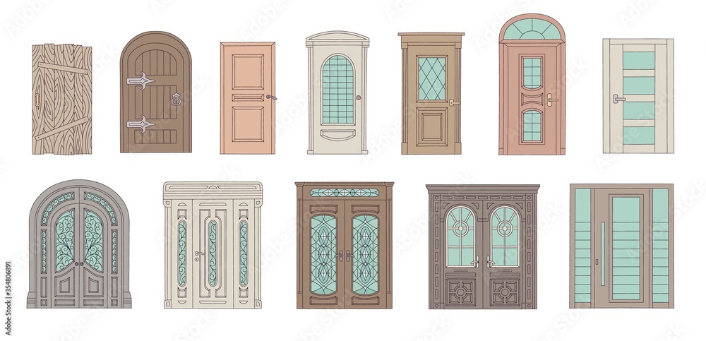 Wall mural Set of drawing old vintage and modern doors of houses and buildings.