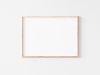 Landscape thin wooden frame on white wall. Horizontal wooden frame. 3d illustration.