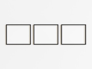 Three black horizontal frames mockup on white wall. 3d illustration.