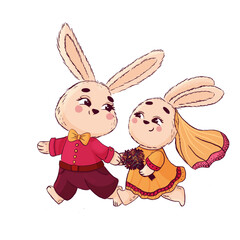 Romantic cute cartoon illustration with a couple of bunnies in love in love and a dress in love look at each other. Wedding card, invitation, print.