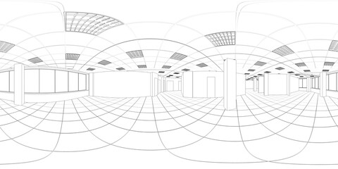 spherical panorama of the interior, contour visualization, 3D illustration, sketch, outline