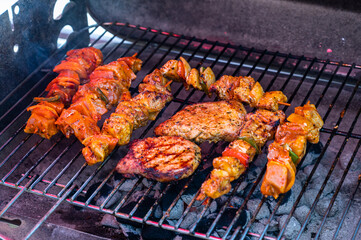 A closeup of barbecue on an outdoor grill under the sunlight - perfect for food concepts