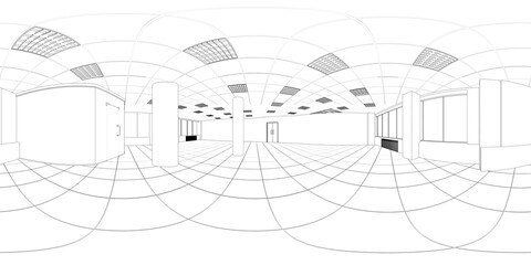 spherical panorama of the interior, contour visualization, 3D illustration, sketch, outline