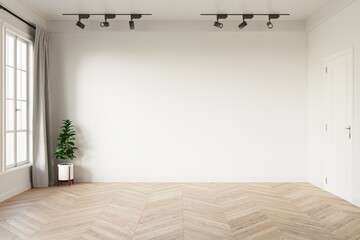 Minimal empty room with white wall, light grey curtain and green plant in a white pot on chevron pattern wooden floor. 3d illustration.